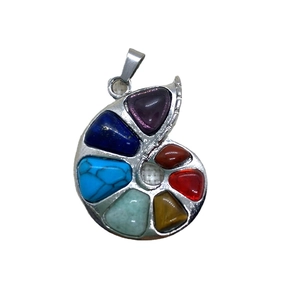 Spiral snail pendant with seven natural gemstones in silver metal setting for DIY jewelry
