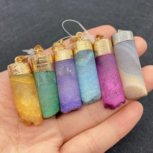 Set of six colorful hexagonal crystal point pendants with natural stone and metal loops