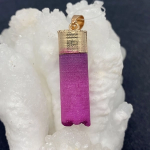 Natural purple gradient cylindrical crystal pendant with gold plating on white coral base