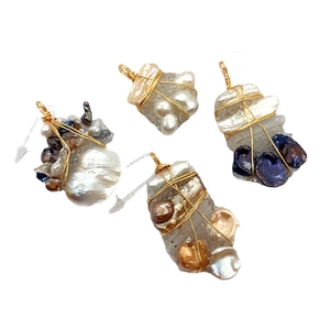 Irregular freshwater pearl and natural stone pendants with gold wire wrapping for DIY jewelry