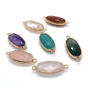 Faceted natural stone 11x27mm oval double connector pendants with gold plating frame