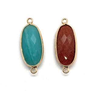 Faceted natural stone oval connector pendants in gold plated frames with double loops