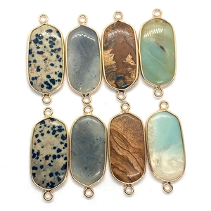 Natural oval gemstone connectors with gold-plated trim and double rings for DIY jewelry