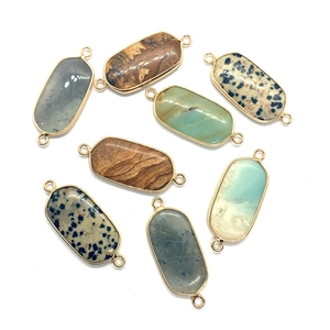 Set of 8 oval natural stone connector charms with gold plated borders for DIY jewelry