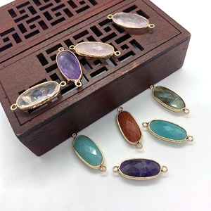 Faceted Natural Stone Oval Connector Pendant With Gold Plated Alloy Edge Amethyst Rose Quartz Amazonite For DIY Jewelry Making Finding