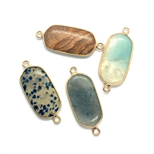 Oval natural stone pendants with gold plated double hole connectors for DIY jewelry