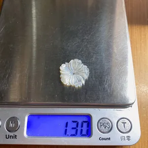 Makro-Detail eines 20mm weißen Muschel-Anhängers auf Waage mit 1,30g Gewicht