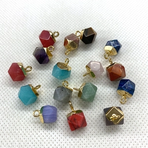 Faceted natural stone pendants in hexagonal prism shapes with gold-plated metal hoops