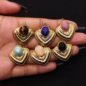 Retro stainless steel pendants with assorted natural faceted gemstones and gold-tone base