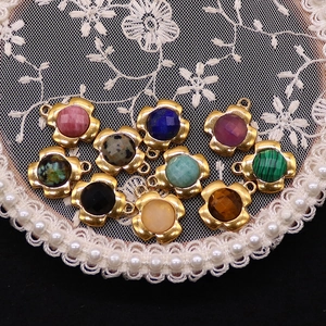 Set of 10 gold stainless steel flower pendants with natural stones like malachite and tiger eye