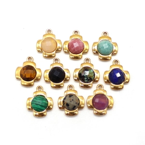 Set of 10 gold-plated stainless steel cross pendants with colorful natural stone inlays