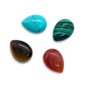 Set of four teardrop-shaped natural stones including malachite and tiger eye for DIY jewelry