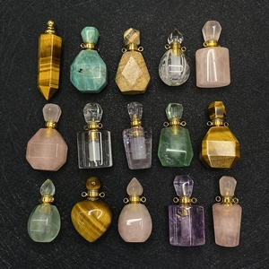 Natural Stone Mini Perfume Bottle Pendant Rose Quartz Amethyst Tiger Eye Essential Oil Bottle Charm For Jewelry Making DIY Necklace Accessory