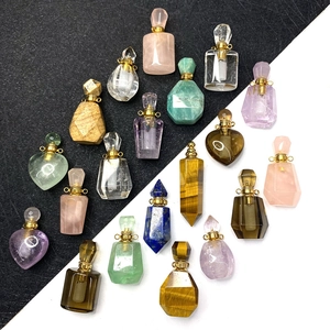 Natural gemstone perfume bottle pendants in heart and geometric shapes with gold caps