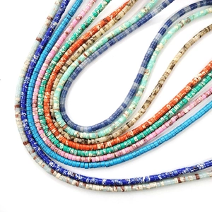 Natural 2x4mm flat cylindrical stone beads in colorful turquoise and coral orange strands