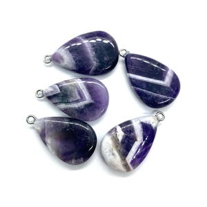 Five-piece natural chevron amethyst teardrop pendants with polished purple and white stripes
