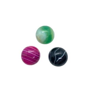 Three 20mm round striped agate stone beads in green, rose red, and black with natural veins
