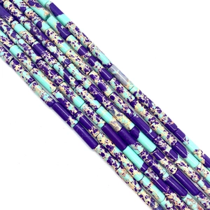 Perles cylindriques en jaspe impérial bleu et violet avec texture marbrée