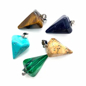 Set of five natural faceted stone cone pendants with various textures and silver bails