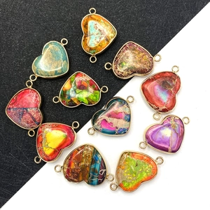 Natural heart imperial stone pendants with gold metal frames for DIY jewelry making