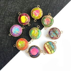 Set of 9 colorful natural stone round connectors with gold plated edges for DIY jewelry