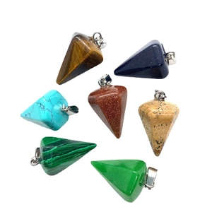 Set of seven natural stone hexagonal cone pendants with silver metal clasps in various colors