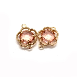 Detailed macro view of pink crystal clover connectors with gold beaded edge for DIY jewelry