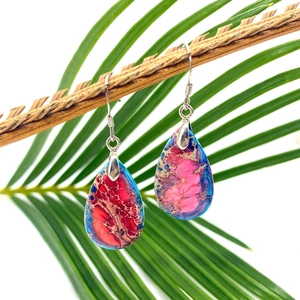 Tropical style turquoise teardrop dangle earrings with colorful marble texture pattern