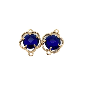 Blue faceted stone clover connector in gold plating with double rings for jewelry making