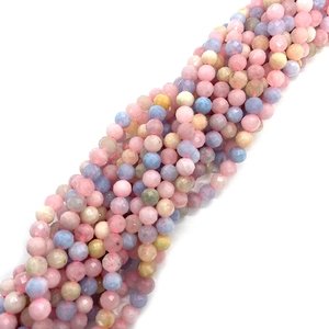 Detailed macro view of multifaceted 6mm Morganite natural stone beads in pastel colors