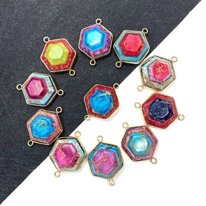 Faceted hexagonal natural stone connector pendants with double loops for DIY jewelry making