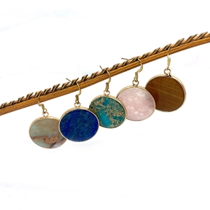 Lapis lazuli and tiger eye stone round earrings with gold finish hanging on wood branch