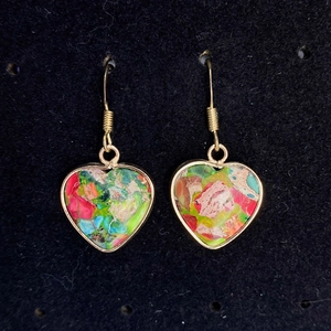 Colorful heart-shaped stone drop earrings with gold metal bezel and spiral ear hooks