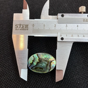 Macro shot measuring an oval abalone shell bead with colorful iridescent textures