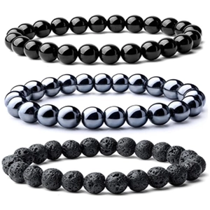 Pulseras de hombre de piedra volcánica, hematita y cuentas de obsidiana negra naturales