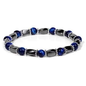 Detail shot of blue tiger eye and hematite stone beads on a stretch bracelet