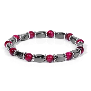 Close-up of beaded bracelet with red tiger eye stones and black hematite barrel beads