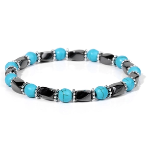 Detailed close-up of Tiger Eye and Blue Turquoise beaded bracelet with magnetic hematite