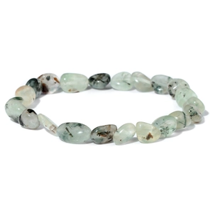 Detail shot of natural green prehnite stone bracelet with black inclusions and elastic cord