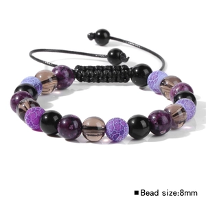 Pulsera trenzada ajustable con cuentas de cuarzo ahumado natural de 8mm y perlas púrpuras