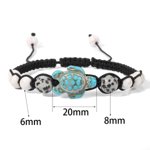 Detail of adjustable turtle bracelet with 20mm turquoise charm and natural stone beads