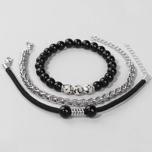 Set dettagliato di 3 bracciali da uomo con pietre naturali, catena e corda intrecciata
