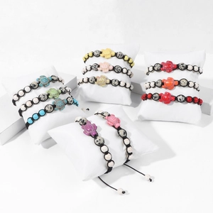 Adjustable turtle charm bracelets with natural stone beads and hand-woven wax cords