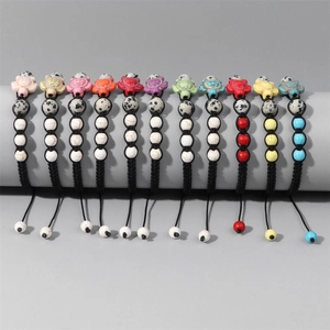 Set of 11 adjustable turtle bracelets with natural stone beads and woven wax cord