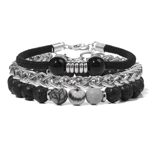 Set di tre bracciali da uomo con catena Cuban in acciaio inossidabile e perle in pietra nera