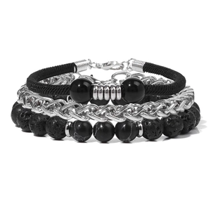 Set di Braccialetti da Uomo in Agata di Pietra Naturale Retro Catena Cubana in Acciaio Inossidabile Gioielli con Corda Intrecciata Fatti a Mano