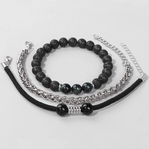 Set di bracciali da uomo in pietra naturale con perline nere e catena in acciaio inox