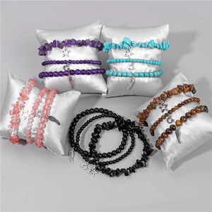Natural stone stretch bracelet set with star moon and feather charms in 5 colors