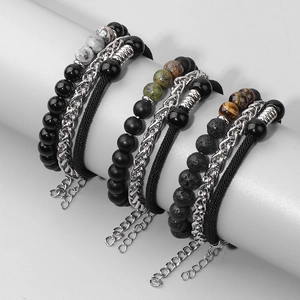 Set bracciali da uomo multistrato con pietre naturali e catena in acciaio inossidabile nero