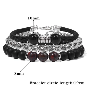 Set 3 bracciali da uomo con perline di pietra nera opaca e catena in acciaio inossidabile